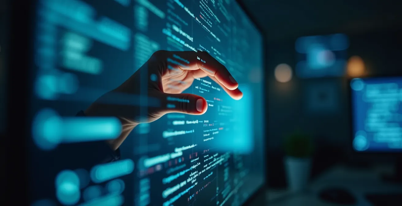 Mains d'analyste cybersécurité examinant des patterns sur surface holographique