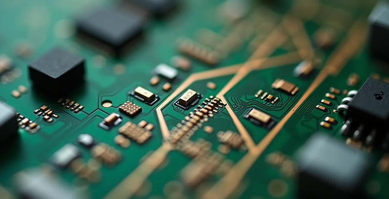 Vue macro détaillée de circuits imprimés avec reflets dorés