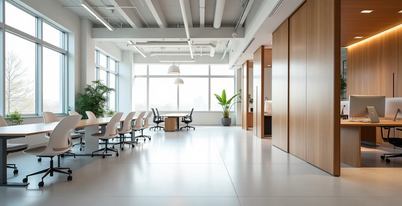 Espace de travail moderne épuré avec architecture ouverte et lumineuse