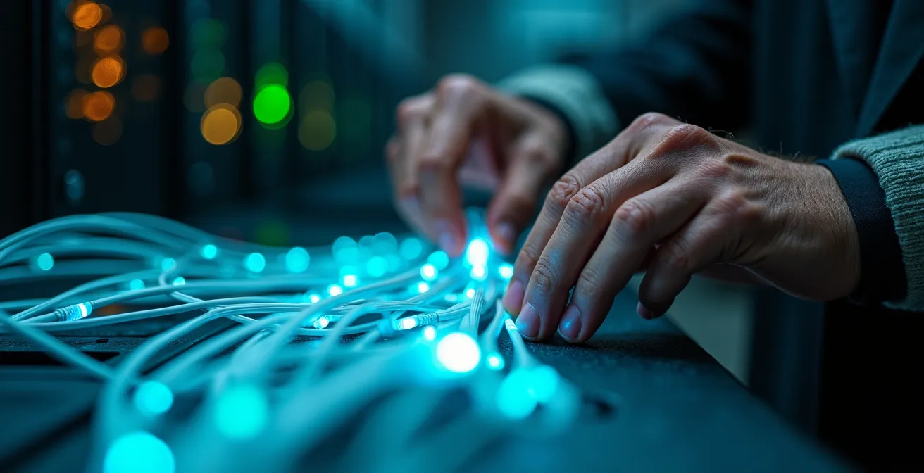 Mains d'expert manipulant un réseau de fibres optiques lumineuses