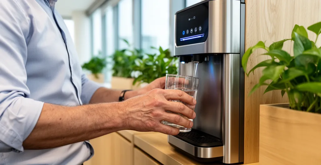 Collaborateur remplissant un verre à une fontaine bonbonne dans un espace de pause moderne