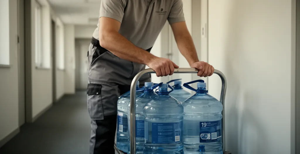 Livreur déposant des bonbonnes d'eau dans un espace de stockage professionnel