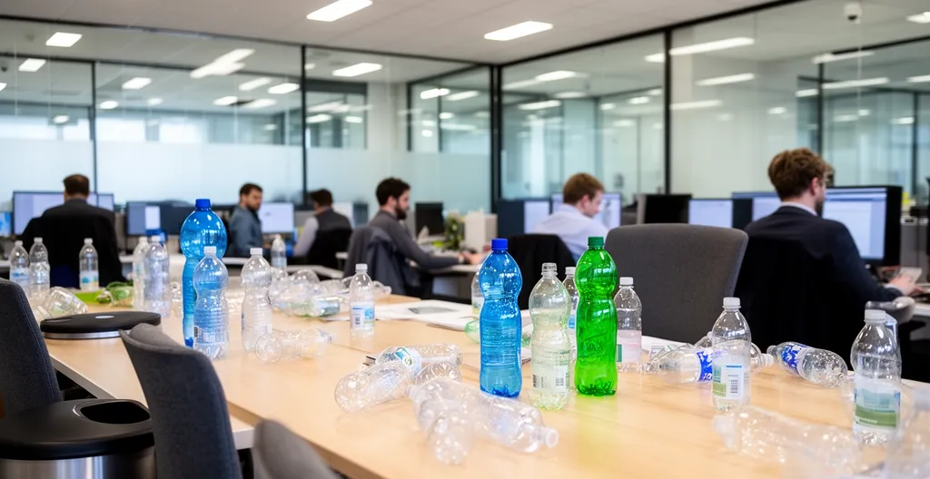 Bureau open space avec bouteilles plastique éparses illustrant le problème d'hydratation en entreprise