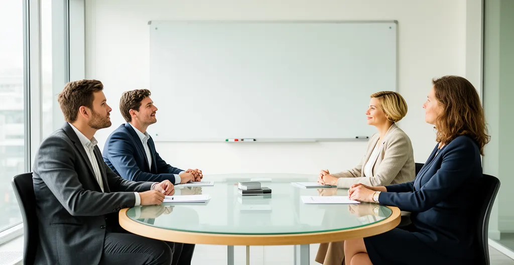 Équipe professionnelle en réunion devant tableau magnétique blanc dans salle moderne
