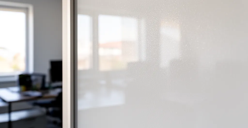 Gros plan sur surface tableau verre magnétique avec reflet subtil de fenêtre